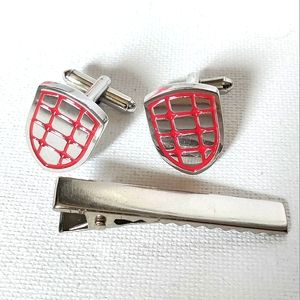 NEW 3pc. Cufflinks: "Crest-Shield" Stainless Steel/Enamel & Tie Bar. Bullet Back